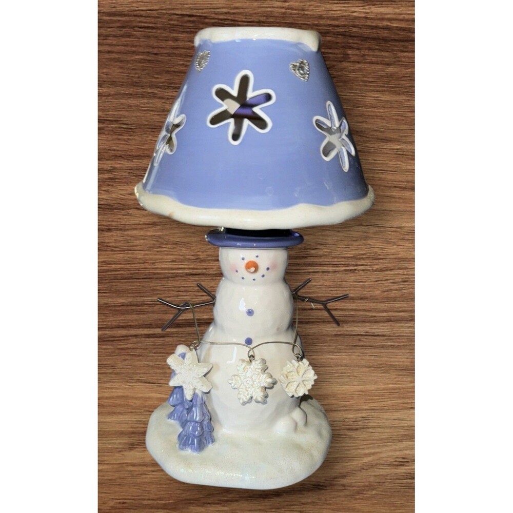Snowman Tealight Holder Blue And White With Snowflakes 9” Tall